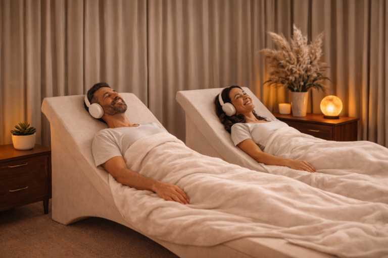 Two guests relaxing during a touchless sound massage session at Float Studio in Rocky Harbour Newfoundland