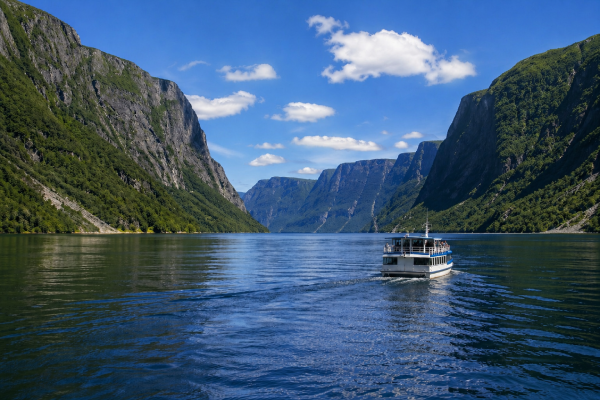 Boat touring the fjord cliffs of Western Brook Pond in Gros Morne National Park, Newfoundland.